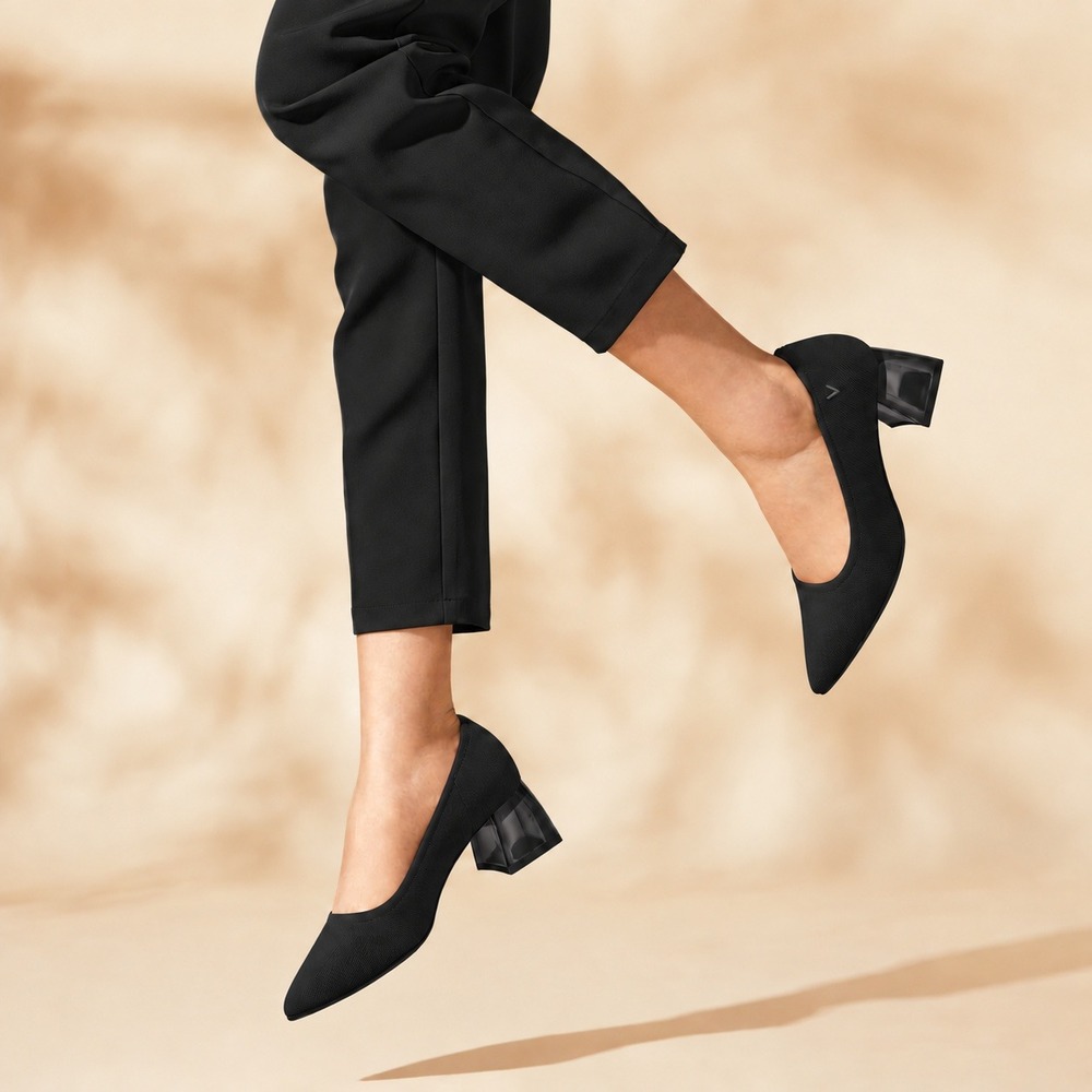 VIVAIA Aria Black Knit Pointed Toe Architectural Block Heels EU 39.5 US 8.5 NEW